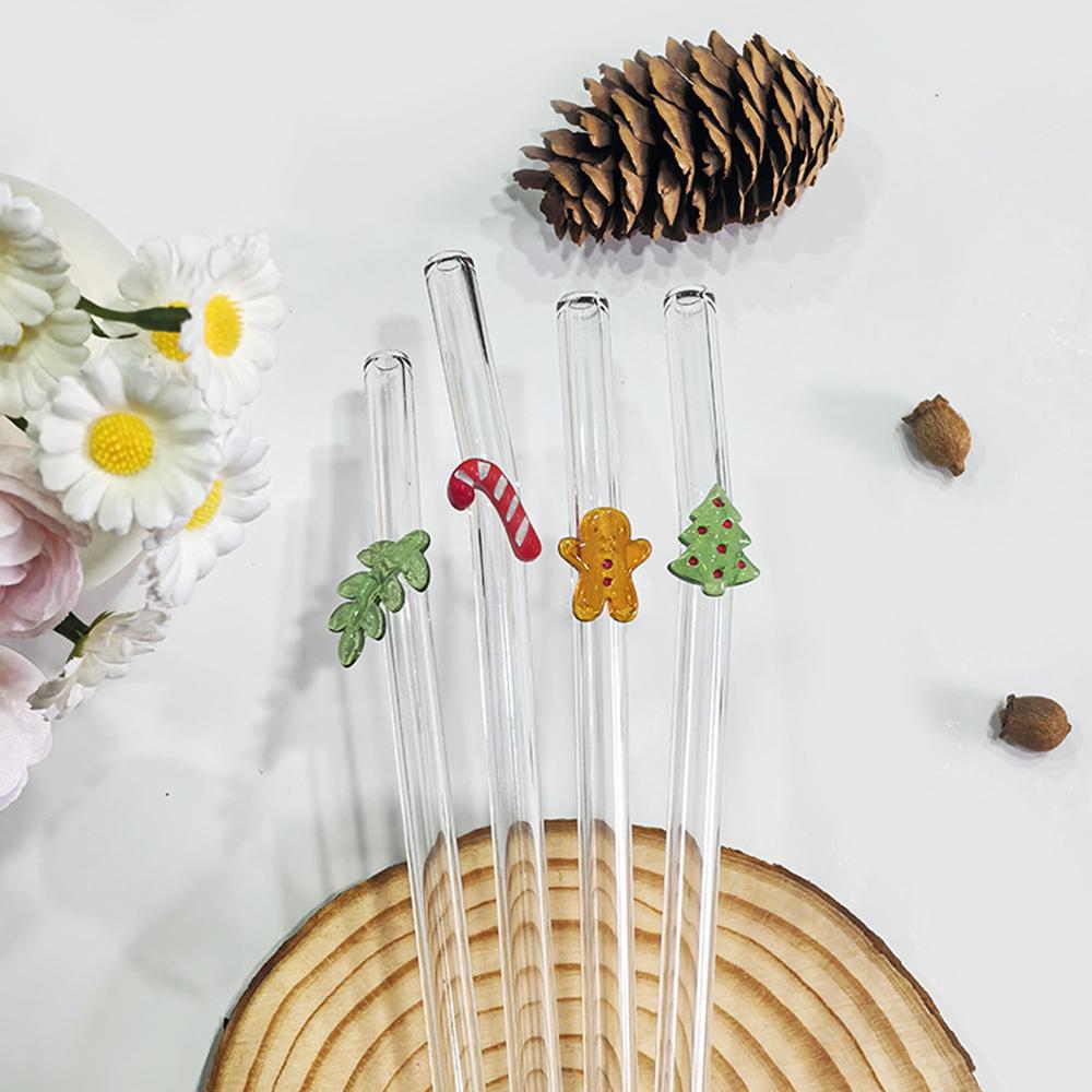 Christmas Tree Glass Straws Reusable Clear Straws for Smoothies Cocktails Drinking Eco Friendly Bar Tools Drinkware Straws