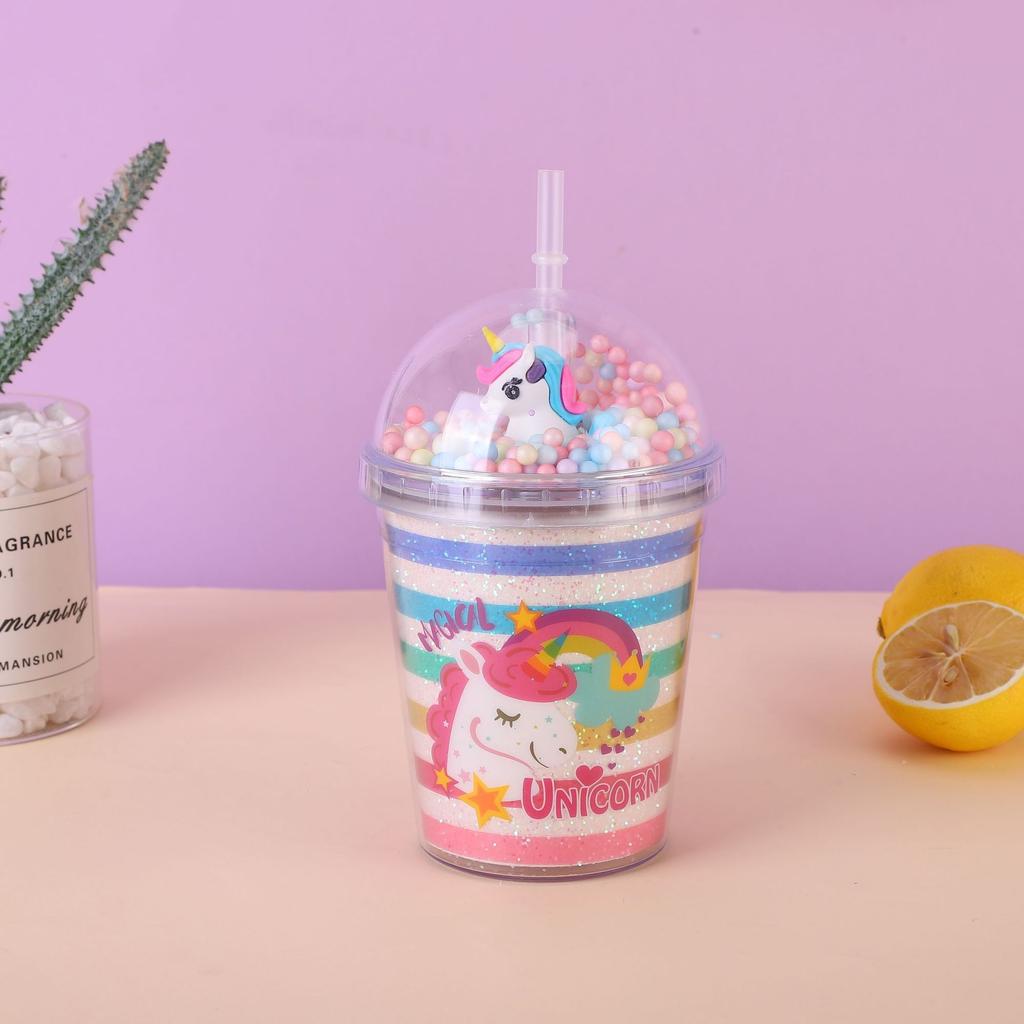 New Unicorn Plastic Water Cup Summer Children Couple Straw Cup Cute Creative Portable Portable Cup Doll Cup