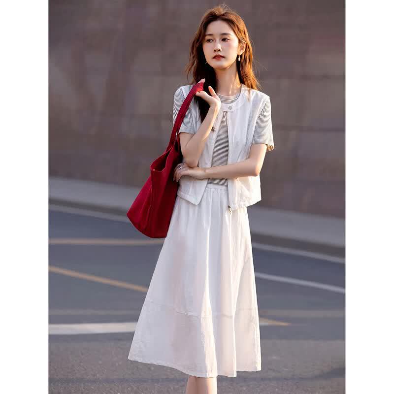 Women's Summer Vest, Striped Tee & A-Line Skirt 3-Piece Set