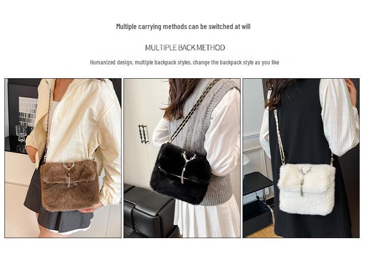 2025 Autumn/Winter Plush Tassel Antler Crossbody Shoulder Bag - Versatile Small Square Fashion Handbag