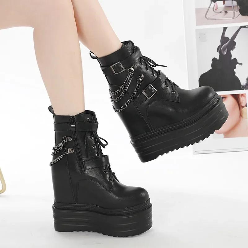 Fashion 14CM Gothic Black Ankle Boots For Women Plus High Heel Female Shoes Lace-Up Nigh Club Black Sexy Rivets Chain Short Boots