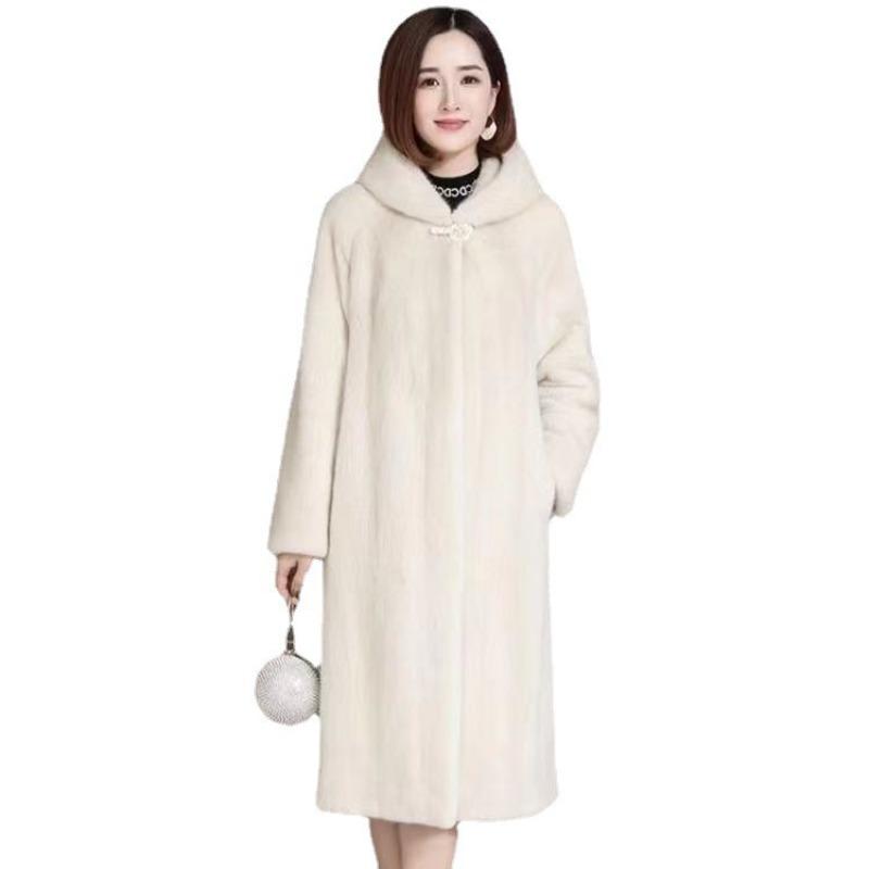 Imitationspelzmantel Damen Imitationsnerzsamt Imitationspelzmantel Damen Lang mit Kapuze Neu Herbst und Winter Verdickt Slim Fit