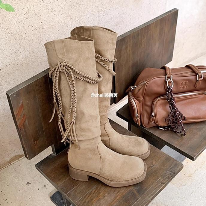 [Grape Mother of the Same Style] Egyptian Boots~ Fringed Thick Heel Medium and High Boots Western Cowboy Boots Women's Stacking Boots