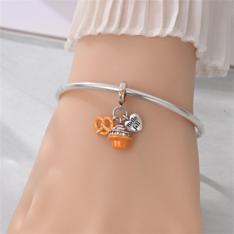 Copper Pumpkin House Beads & Cake Donut Heart Shape Triple Dangle Charm Fits Bracelet Golden Orange Pendant Gifts