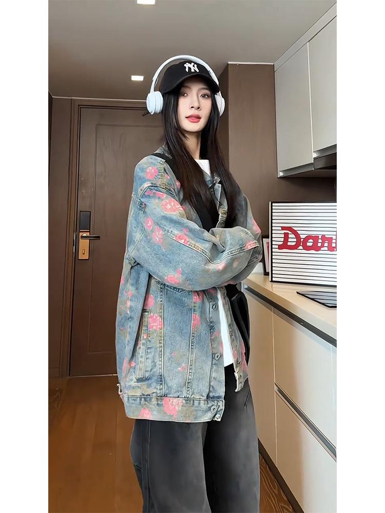 Unisex Hong Kong Style Floral Jacquard Denim Jacket - Trendy Autumn/Winter 2025 Collection