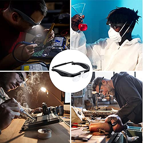 Meichoon Head-Mounted Magnifying Glasses, USB Rechargeable, with 2 LED Lights, 1.5X, 2.5X, 3.5X, 5X Adjustable Lenses, 4 Lenses for Close Work