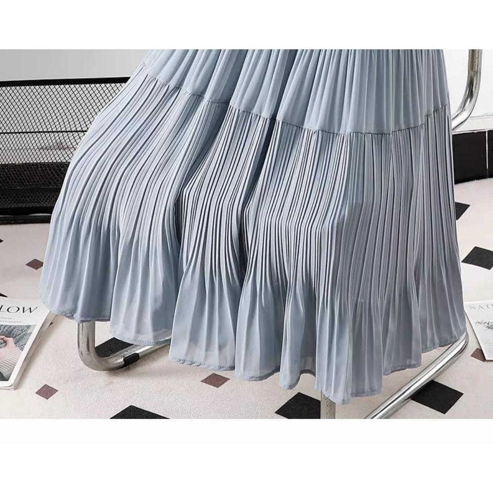DIMANAF 2026 Summer Women New Skirts Chiffon Solid Elastic Waist Pleated Mesh Elegant Skirts