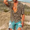 Men Summer Lapel Short Sleeve Shirt Top Leopard Print Single-Breasted Thin Hawaiian Beach Casual Shirt Streetwear