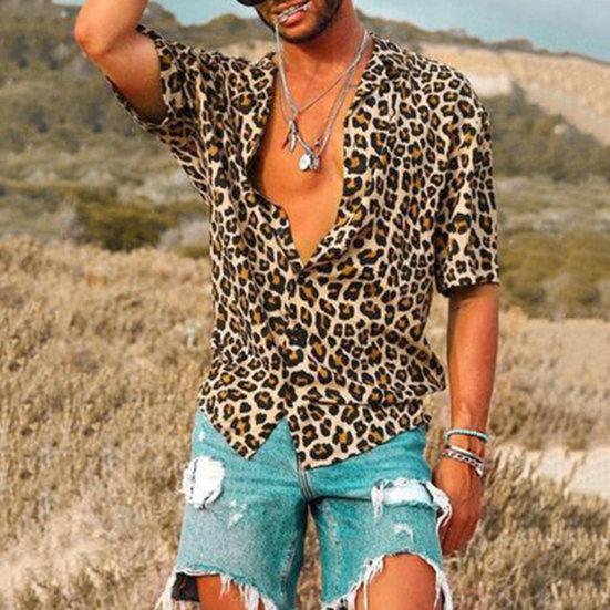Men Summer Lapel Short Sleeve Shirt Top Leopard Print Single-Breasted Thin Hawaiian Beach Casual Shirt Streetwear