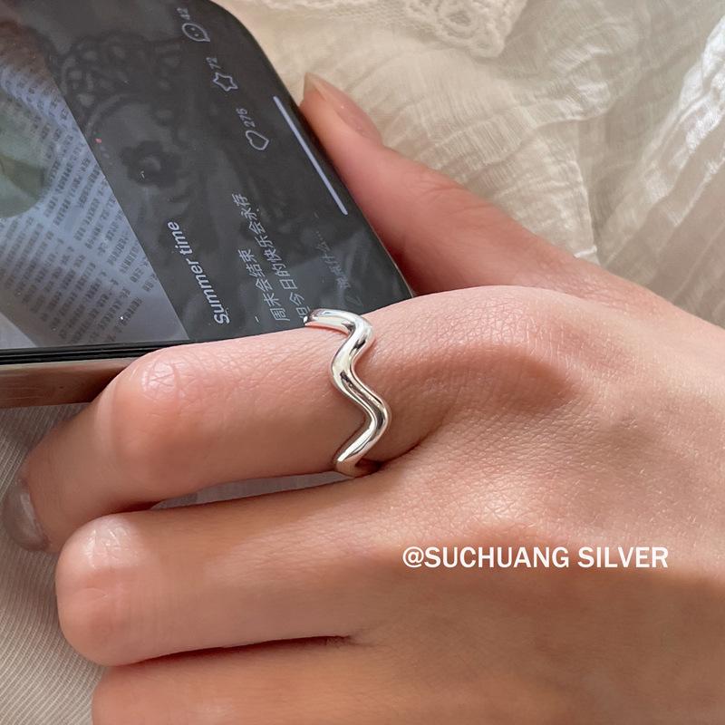 Su Chuang S925 Sterling Silver Wave Open Ring: Simple, Versatile, High-End Women's Cool Style Index Finger Ring