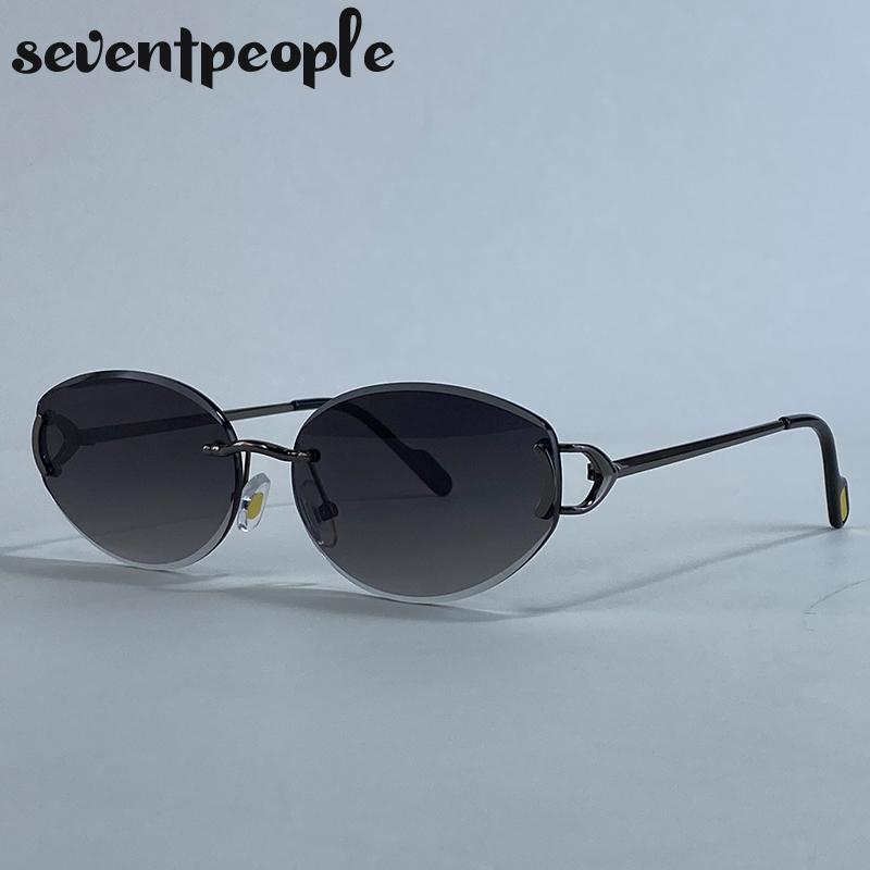 Small Frame Oval Frameless Sunglasses Women  Luxury Brand Vintage Metal Punk Sun Glasses For Ladies Trendy Outdoor Shades