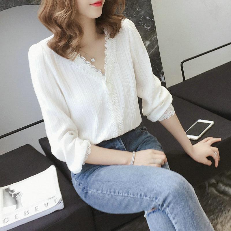 Early autumn new Han Fan V-neck lace white long-sleeved shirt top women's chic loose pullover shirt