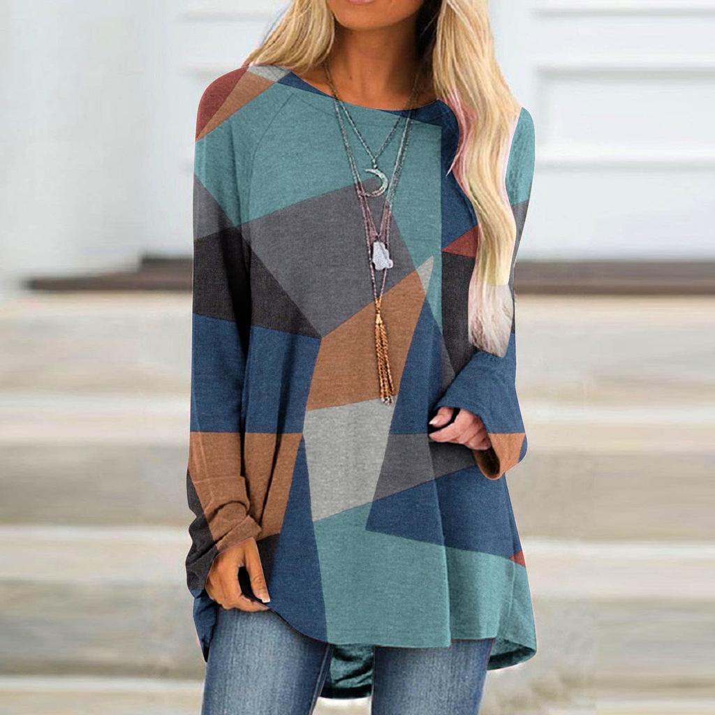 Women's Fashion Casual Irregular Patchwork Color Print Loose Medium Long Long Sleeve Top