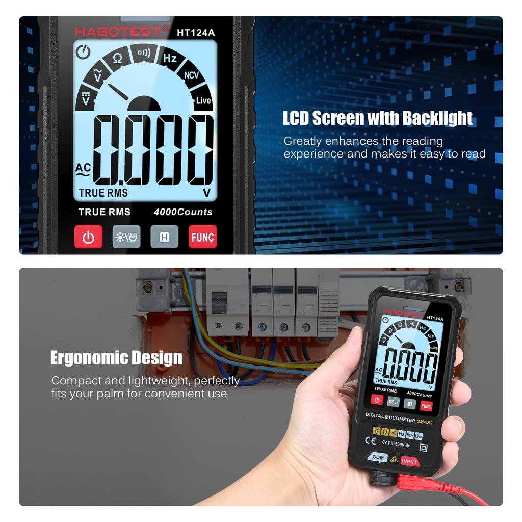 HABOTEST HT124B Smart Digital Multimeter 4000 Counts True   Auto Ranging Voltage Meter with Backlight LCD Screen 600V AC   Voltmeter Electric Test 