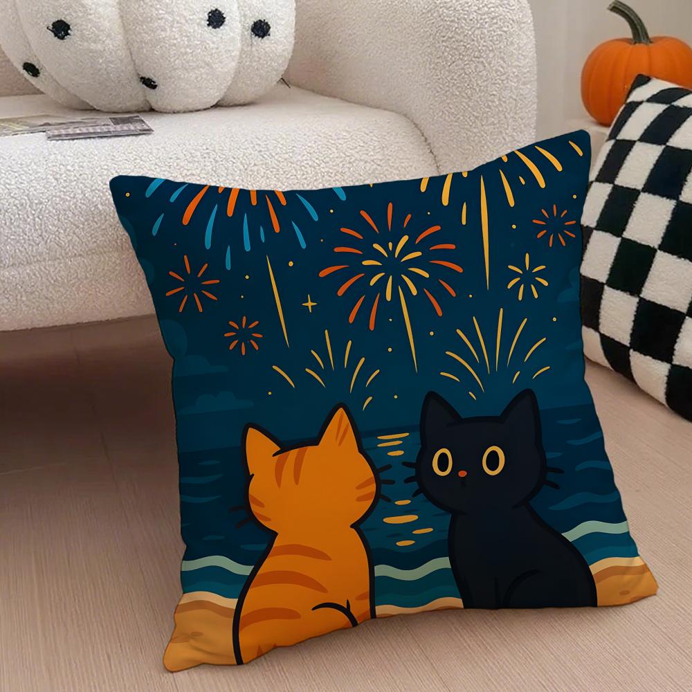KKitty Cat Fireworks Snowflakes Cushion Cover Throw Pillow Cover Hidden Button Durable Polyester Chair Cushion