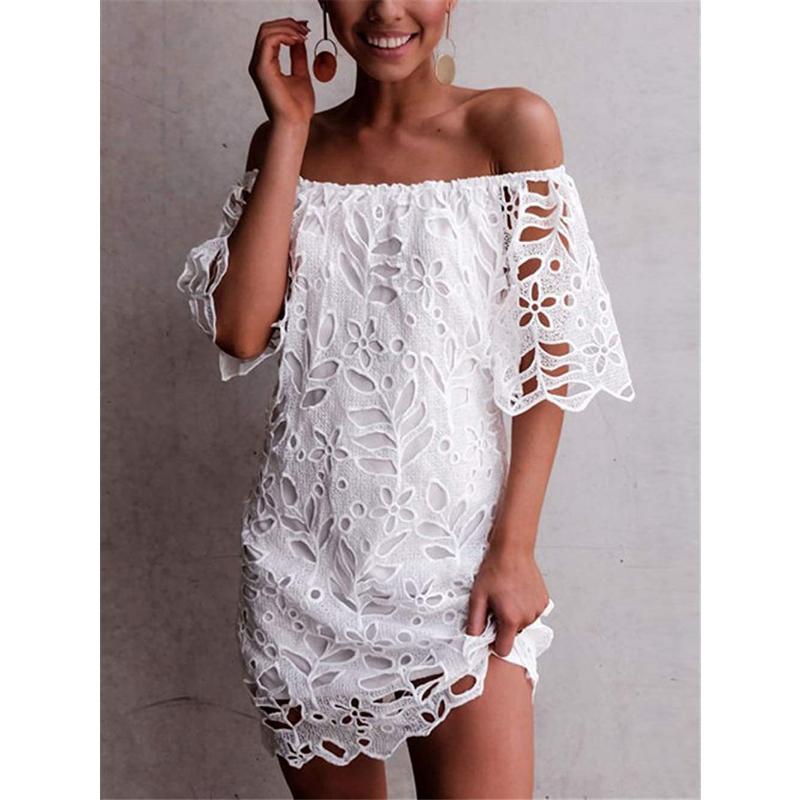 Mini Abito Estivo da Donna Scollo Bardot con Pizzo Floreale a Occhiolino Scollato Manica Corta Casual per Spiaggia Vacanza Festa