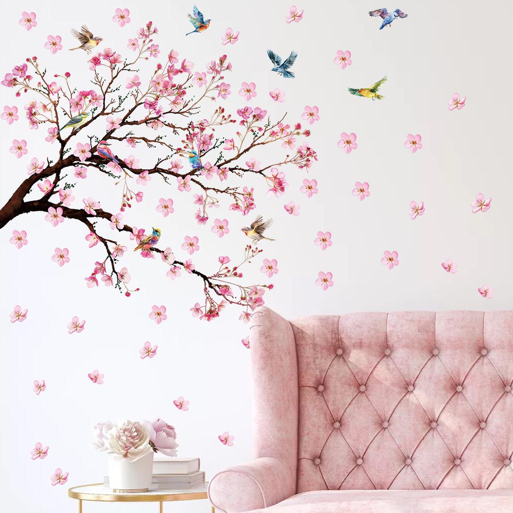 Branch and Bird Cherry Blossom Wall Stickers Self-Adhesive Peach Flower Wallpaper Decals for Living Room Bedroom Home Decor