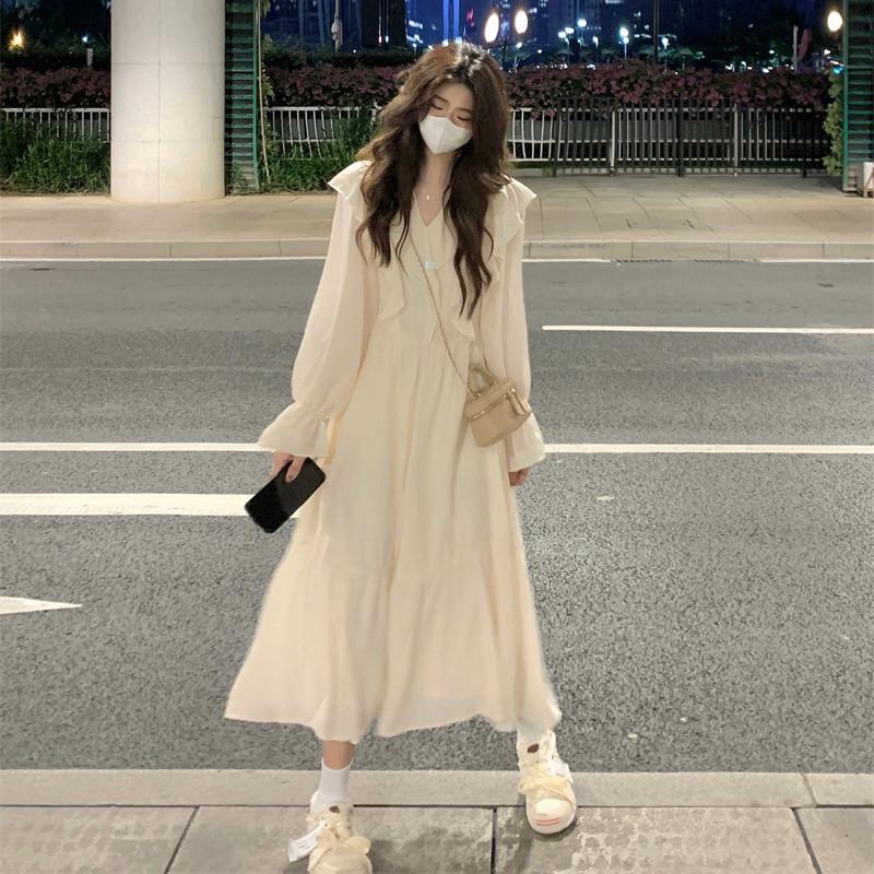 

Spring Autumn Preppy Style Ruffles Sweet Waist Dress Women Long Sleeve Casual Fashion A-line Robe Vestidos 3XL абрикосовый