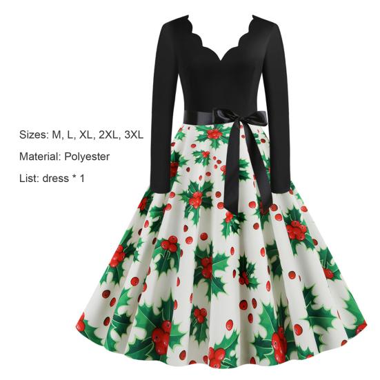 Costume Party Dress Long Sleeve Large Hem Slim Waist Tied Patchwork Dress for Christmas