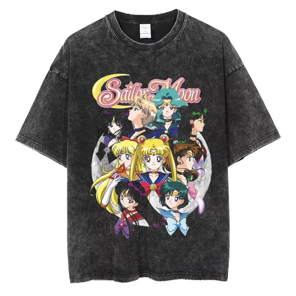 MINISO Maglietta Lavata Stampata Anime Sailor Moon Estate Nuova Cotone Uomo e Donna Larga Casual Retro Trendy Manica Corta Top