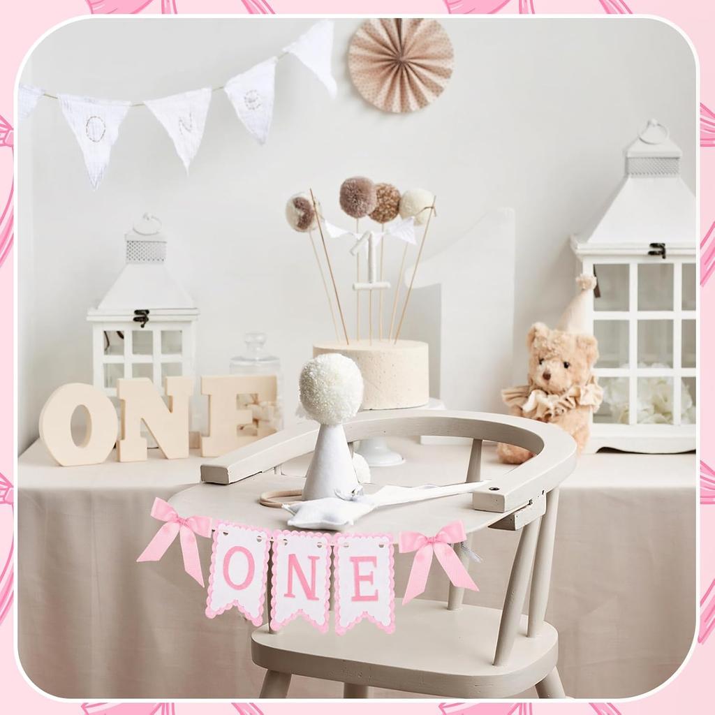 VitalCozy Pink Felt Coquette Bow One High Chair Banner for Girl First Birthday High Chair Banner Sweet One Bow 1st Birthday Decorations (Classic)