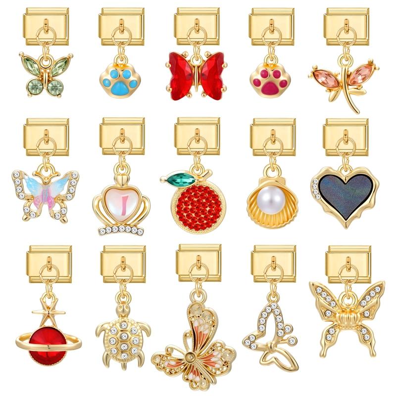 Butterfly Cat Paw Heart Shell Crown Gold Color Pendant Italian Charm Link Fit 9mm Bracelet Stainless Steel Women DIY Making Gift