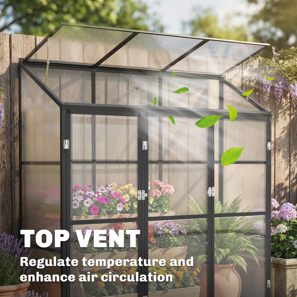 Polycarbonate Greenhouse with 3 Hinged Doors, Top Vent, Lean-to Green House, Walk-in Greenhouse, 6 X 1.5ft, Black