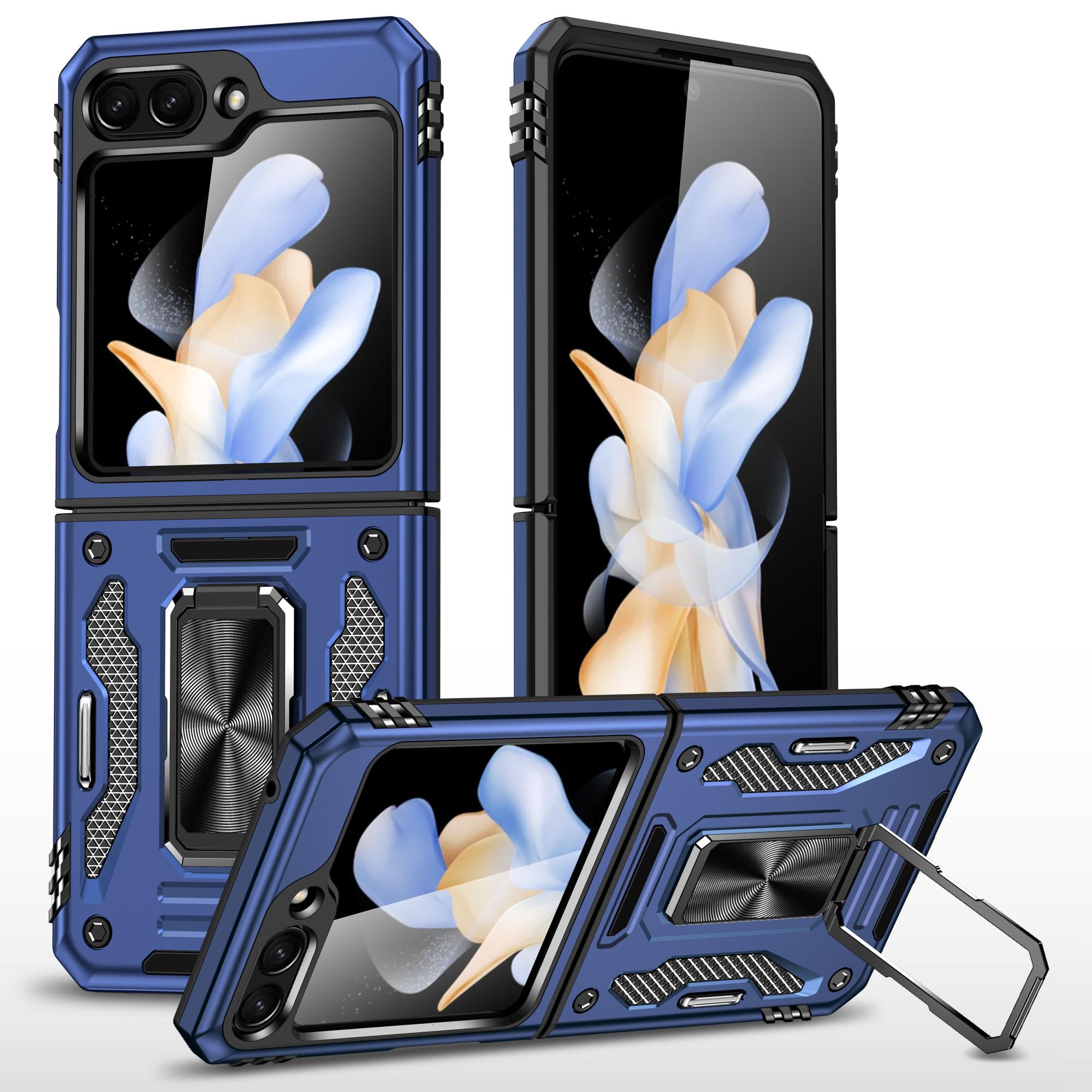 

For Samsung Galaxy Z Flip5 5G Armor Series PC+TPU Anti-drop Phone Case Metal Kickstand Cover Navy Blue