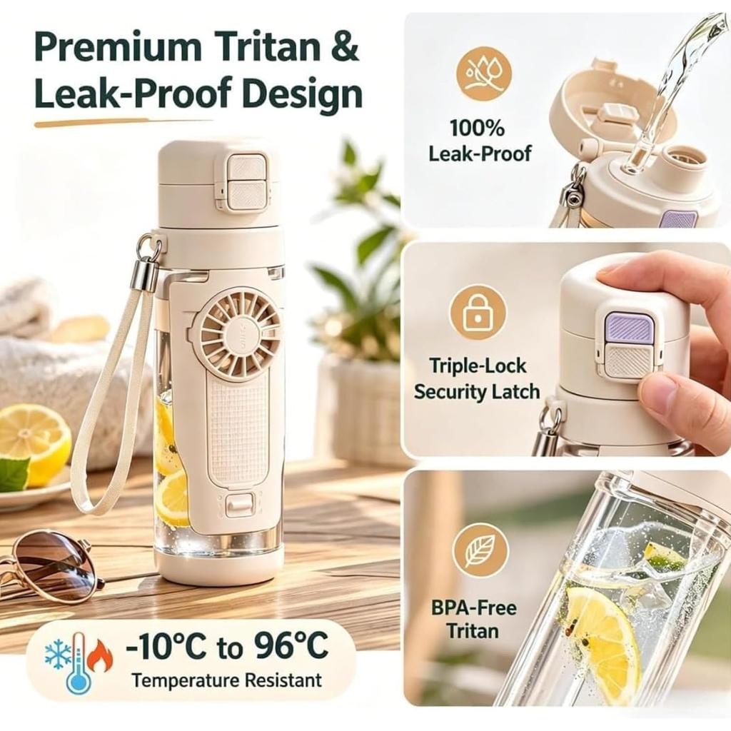 2-in-1 Water Bottle with Built-in Foldable Fan, 23oz Portable Cooling Cup with 3-Speed USB-C Rechargeable Detachable Fan, Leakproof Straw Bottle