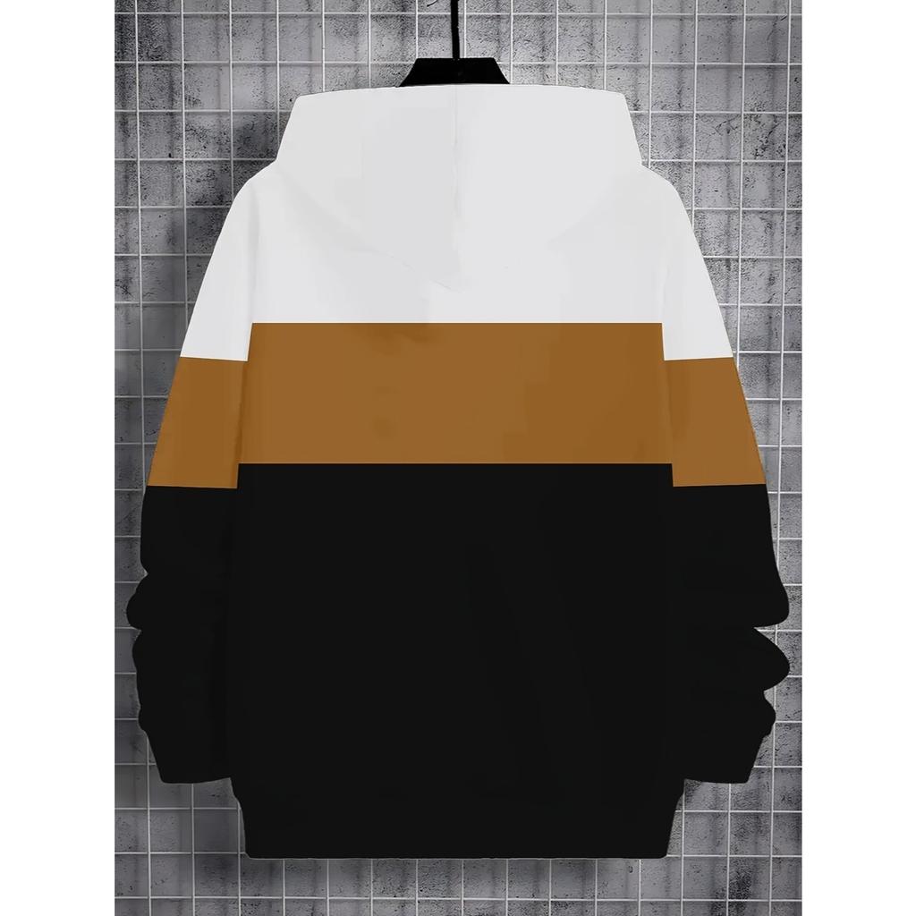 Boys' 3D Printed Hooded Sweatshirt - Contrasting White/beige/brown/black Pullover, Machine Washable Long Sleeved Sweater