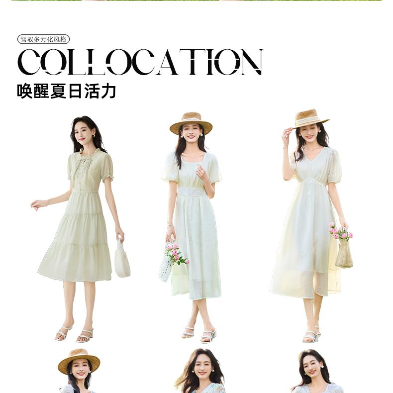Goddess style French square collar printed waist cinching slimming and high-end pearl chain dress