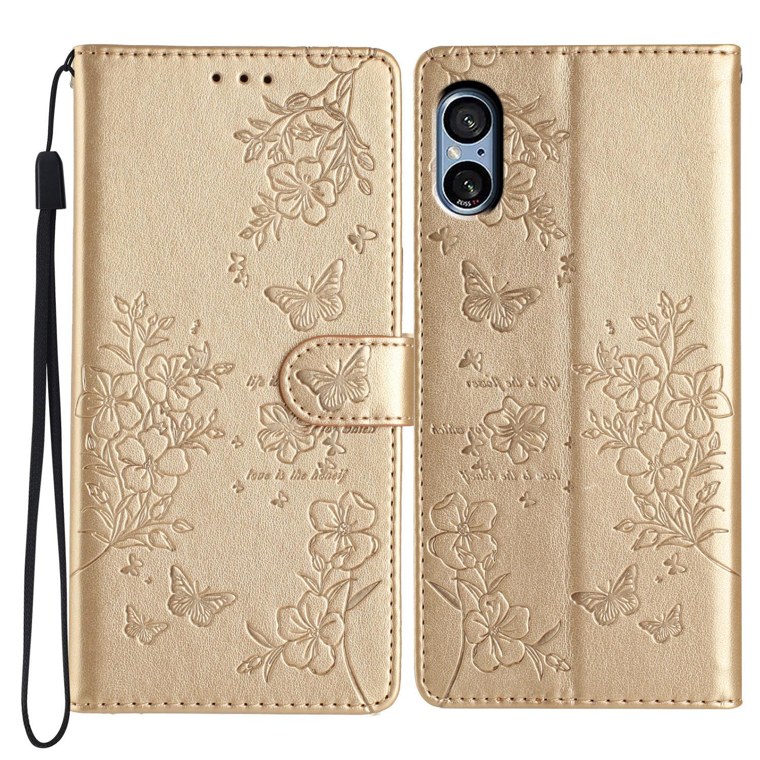 

For Sony Xperia 5 V Case Butterfly Floral Imprint Leather Phone Cover with Wallet Gold