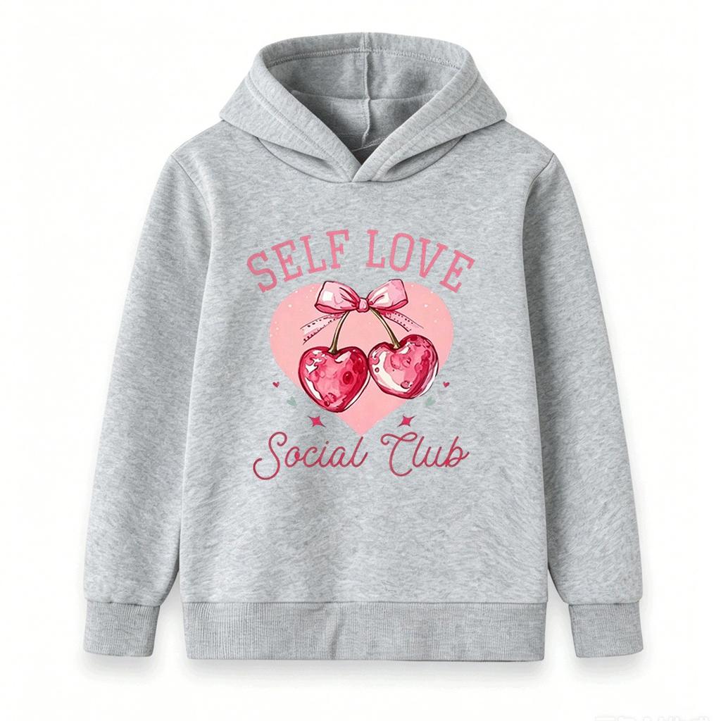 Kids Boys Girls Self Love Social Club Cherry Heart Print Pullover Hoodie Casual Long Sleeve Sweatshirt For Children