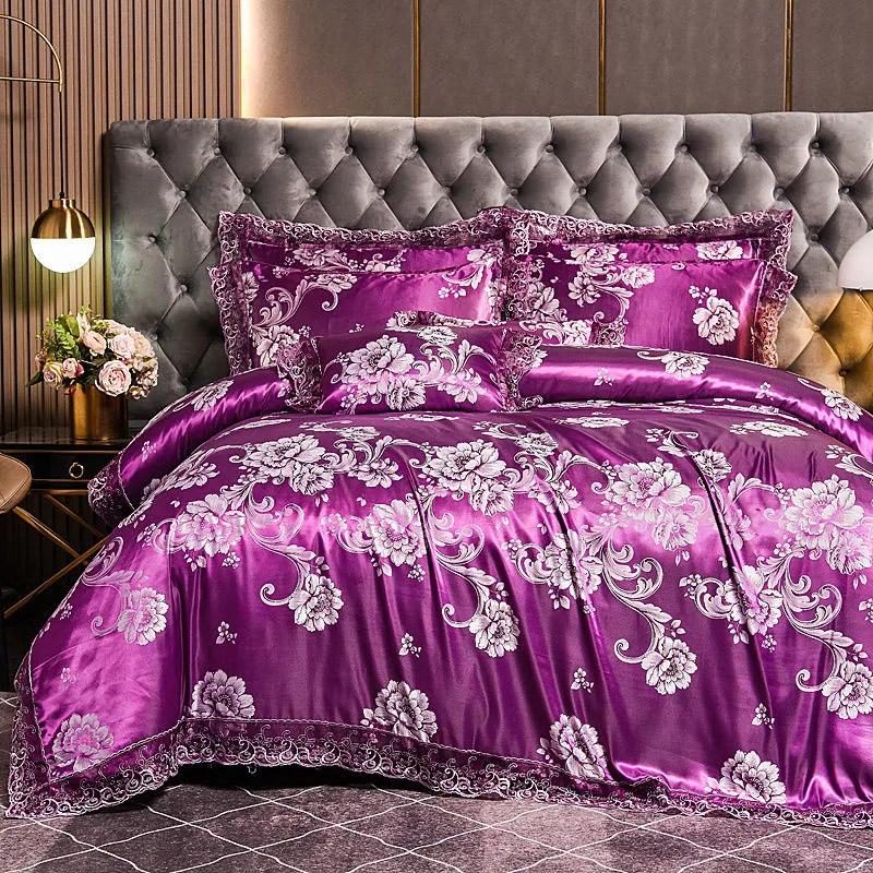 4pcs/set Luxury Jacquard Comfortable Bedding Sets Lace Edge Quilt Cover Sheet Wedding Bedding Home Textile Bedspreads Four Piece Set