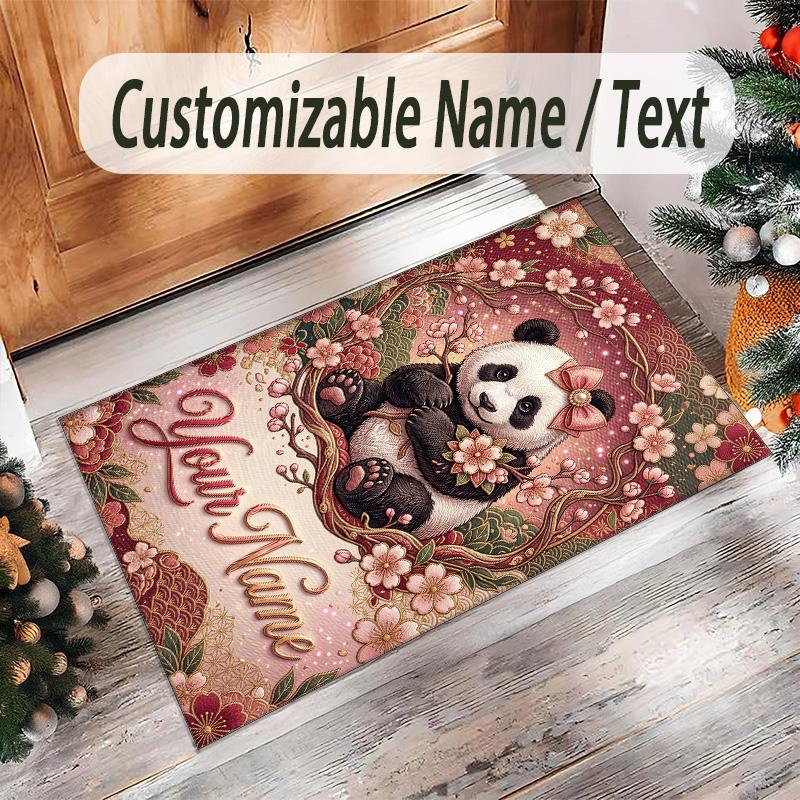 Panda Theme Crystal Velvet Rug Personalized Custom Name Text Soft Floor Mat Home Decor