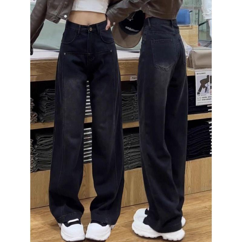 Damen Jeans mit weitem Bein, schwarz, fleecegefüttert, Winter, bodenlang, Übergröße, High-Waist für Birnenformen