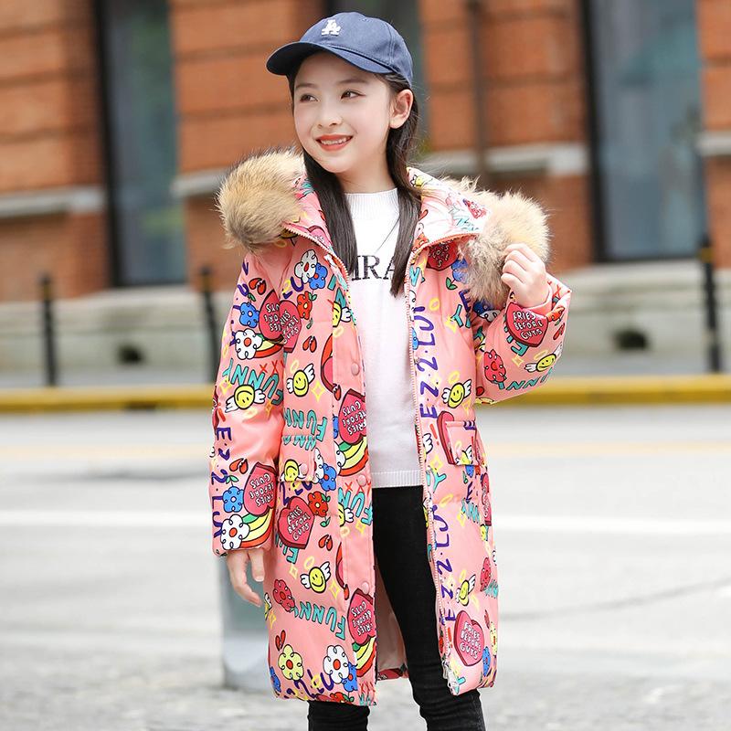 5-16 Years Winter Girls Down Jacket Fur Collar Hooded Cartoon Printed Long Teenage Girl Outerwear Coat Kids Graffiti Outfit