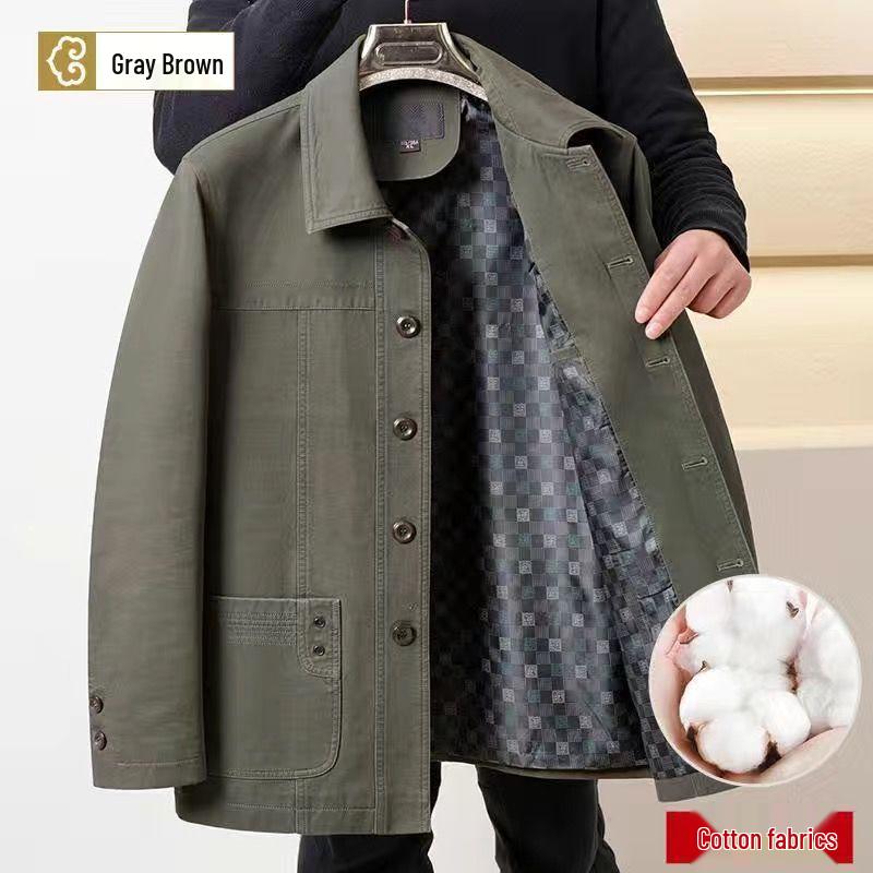 Men's Mid-Aged Full Fleece Jacket - Spring/Autumn Lapel Button Outerwear, Dad's Style Top, Grandpa's Clothing.
