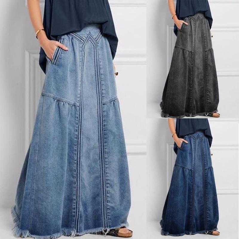 Plus Size Women Spring and Autumn Fashion Skirt Solid Color High Waist Casual Ankle-Length Denim Skirts