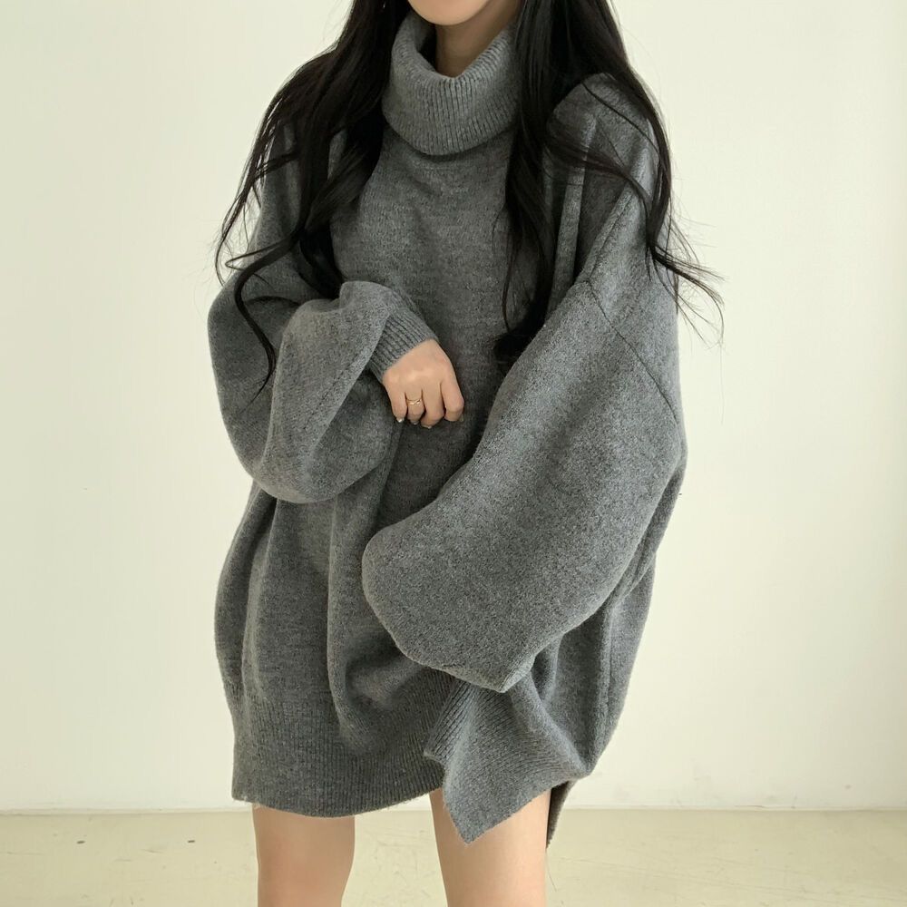Korejský pletený pulovr s rolákem, pletený svetr pro ženy, nadměrný dlouhý pulovr, dámský volný ležérní teplý svetr