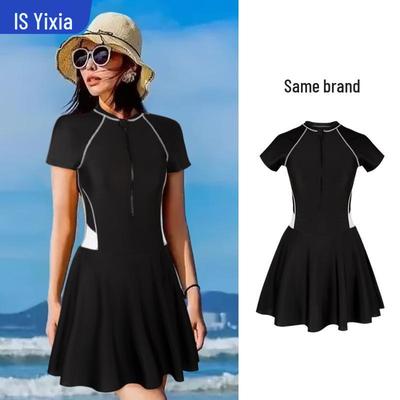 Korean Style Women's One-Piece Swimsuit: Short-Sleeve Skirt with Slimming Zipper Design - 2024 Collection