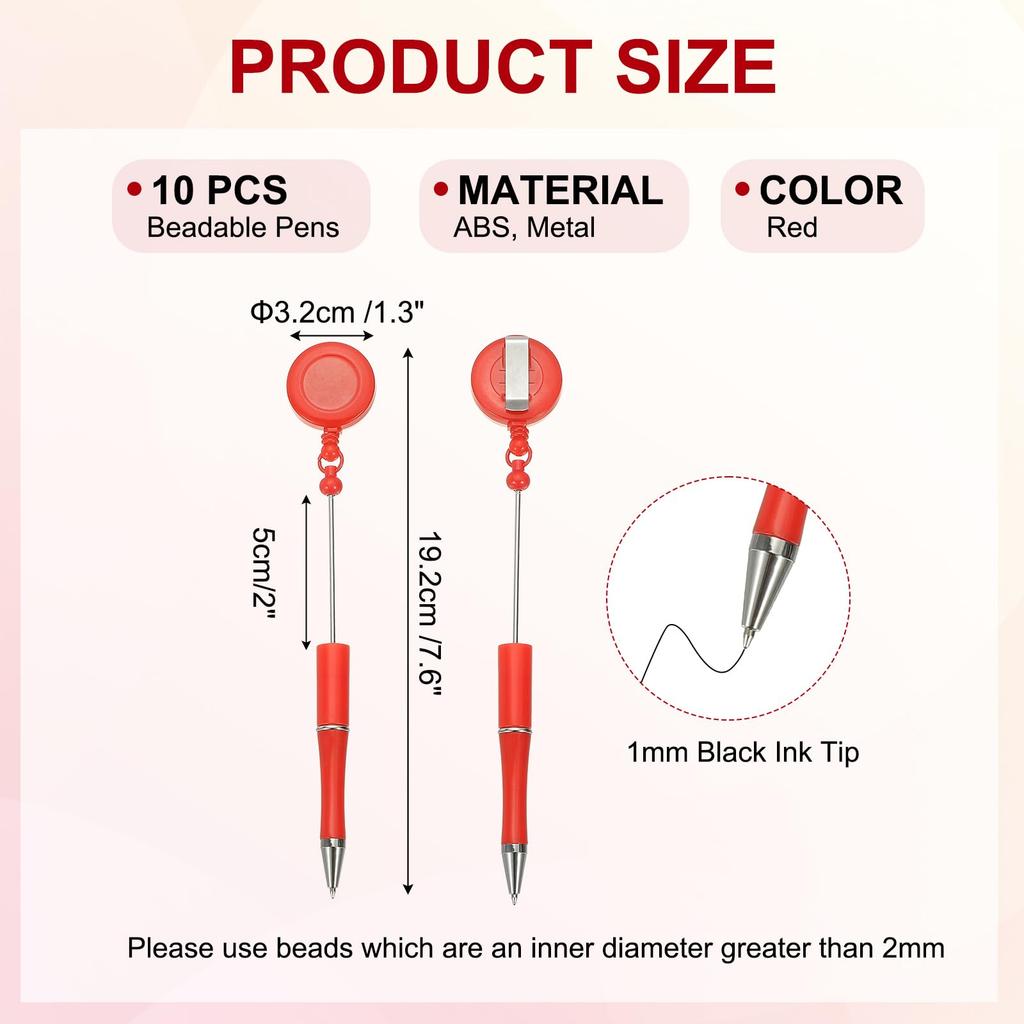 PATIKIL 10pcs Bead Pens Retractable Badge Reel Bead Pens Bulk Beads Ballpoint Pens Black Ink for DIY Making Office Worker Waitress Writing Instrument