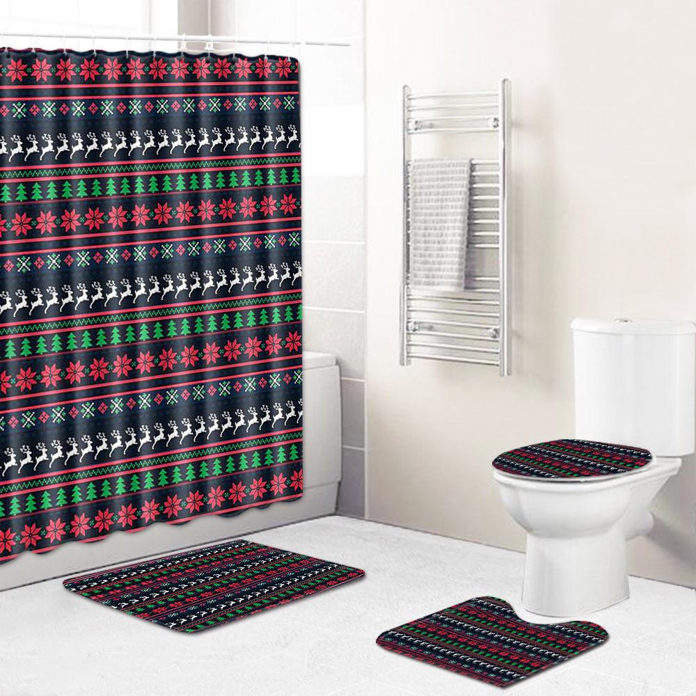 Christmas Shower Curtain Floor Mat Combination Four-Piece Set Kitchen Door Mat Bedroom Living Room Carpet