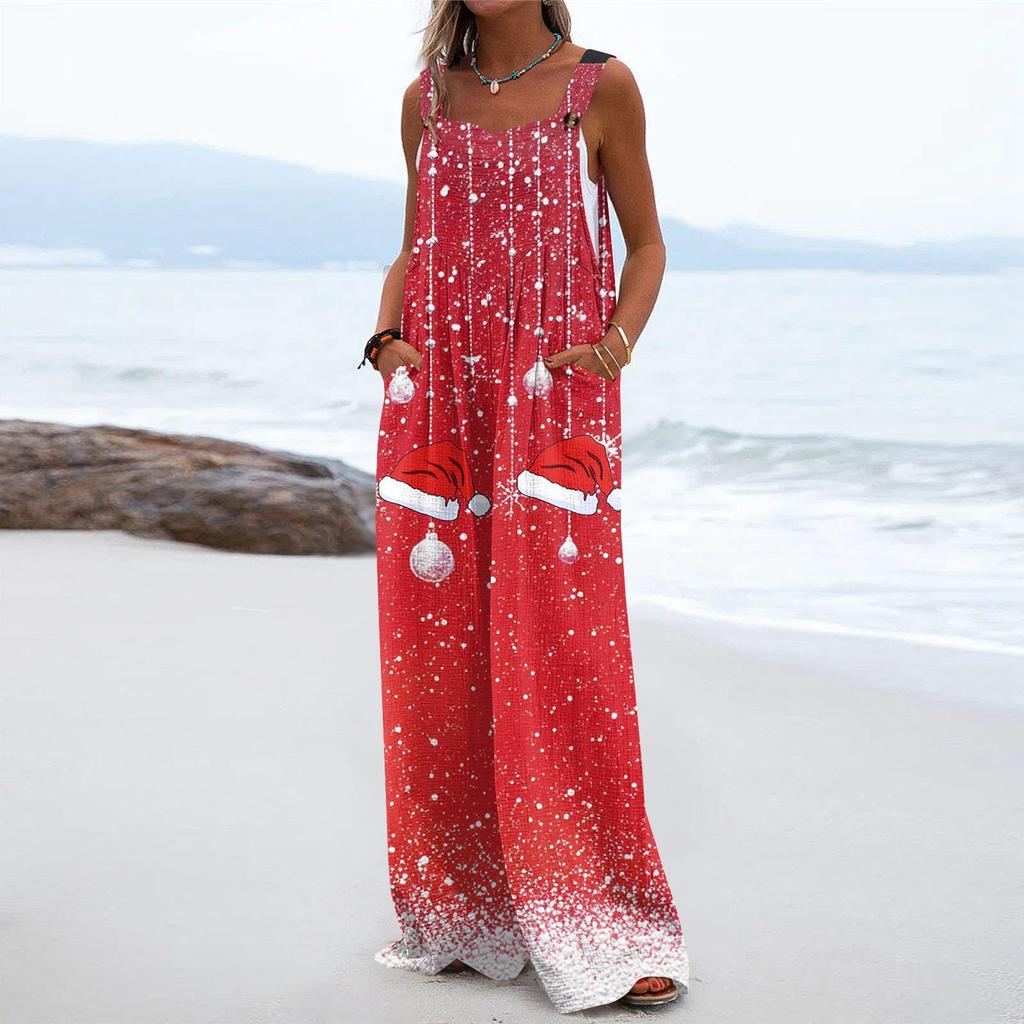 Women's Christmas Print Solid Wide Leg Strapless Tank Pocket Casual Onesie