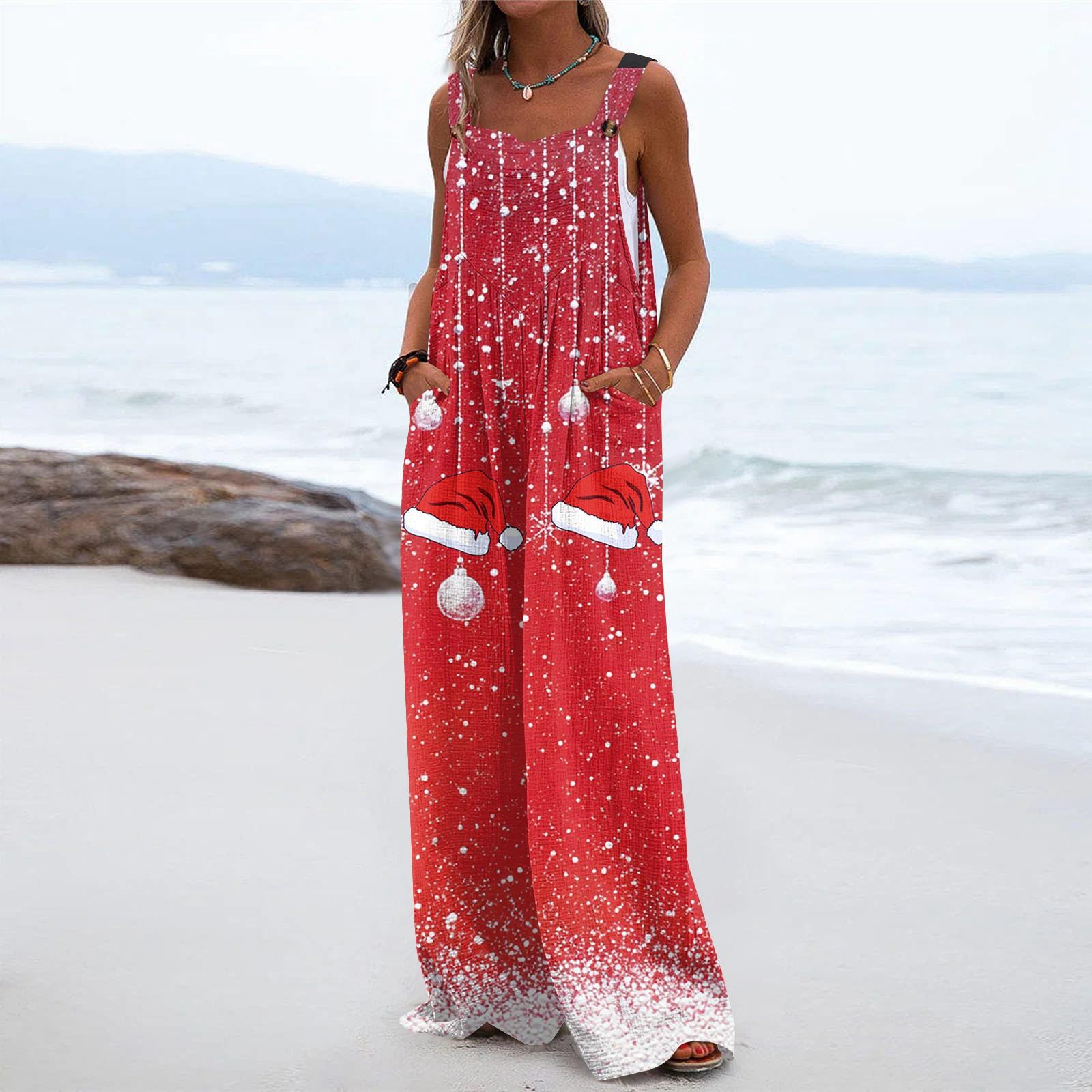 

Женский рождественский принт однотонный широкий крой без бретелек майка карман повседневный комбинезон XL арбуз красный