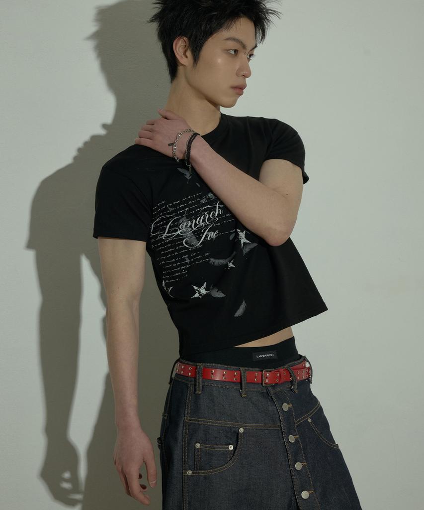 LANARCHIVE [0096] Star Feather Graphic Slim T-Shirt - Black