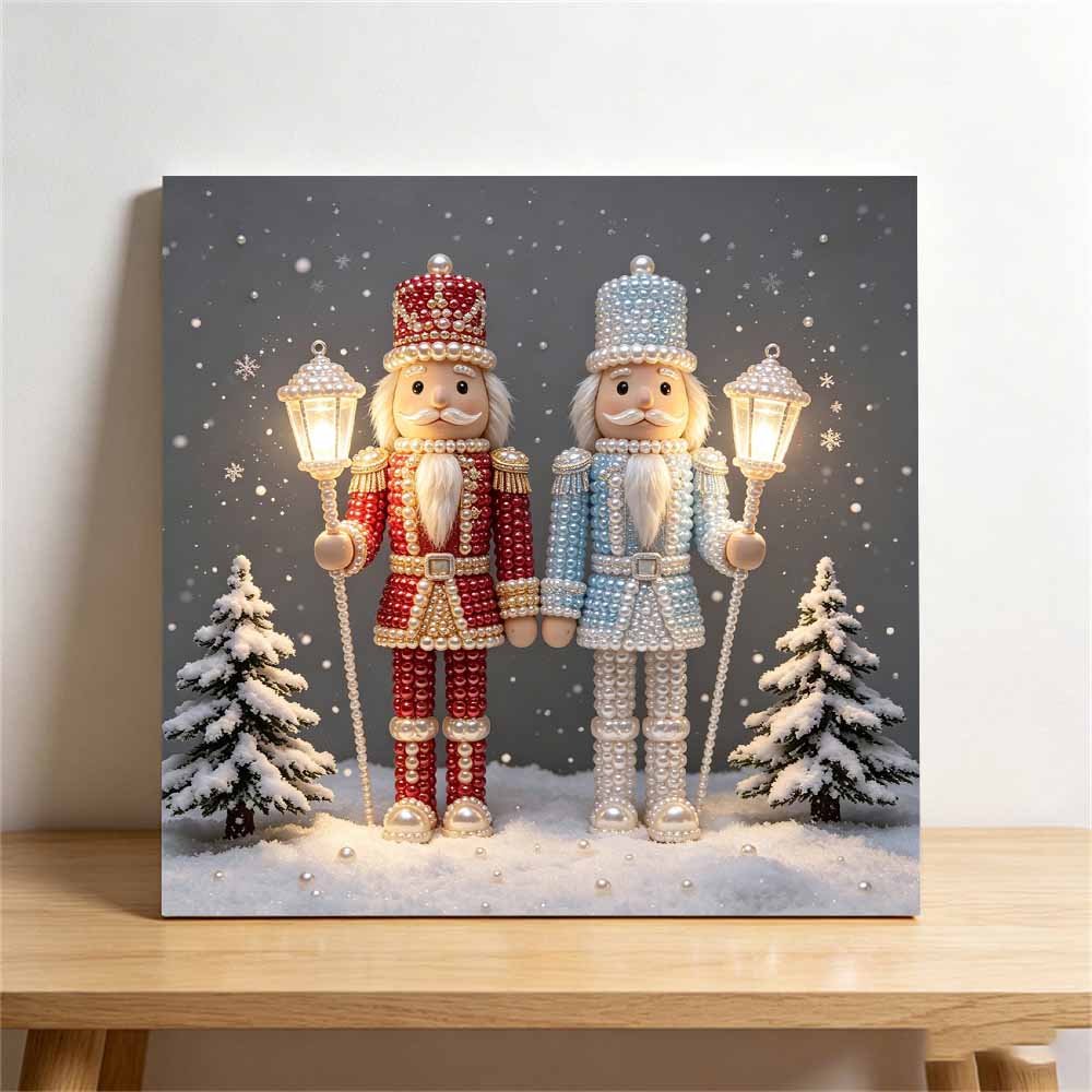 Gerahmtes Perlenkunst-DIY-Set mit zwei Nussknacker-Soldaten, Weihnachtsdesign, 3D-funkelnde Perlen-Leinwandmalerei, handgefertigtes Geschenk für die Heimdekoration