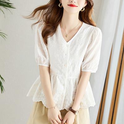 Apricot Embroidered Shirt for Women In Five-quarter Sleeve Summer New Embroidered Small Top V-neck Small Shirt