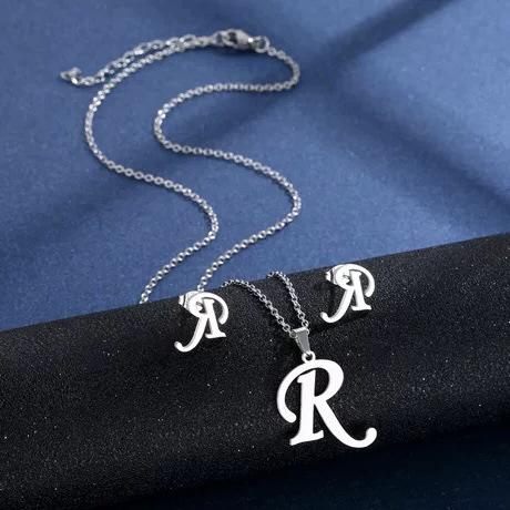 Fashion Alphabet Necklace And Earrings Set Shiny Colorfast Pendant Choker Jewelry