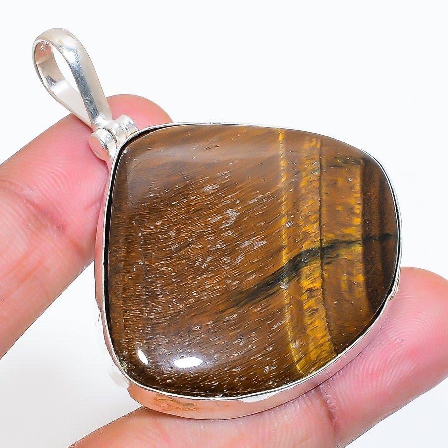 Natural Tiger Eye Gemstone 925 Sterling Silver Jewelry Pendant 2.21" ZS-53